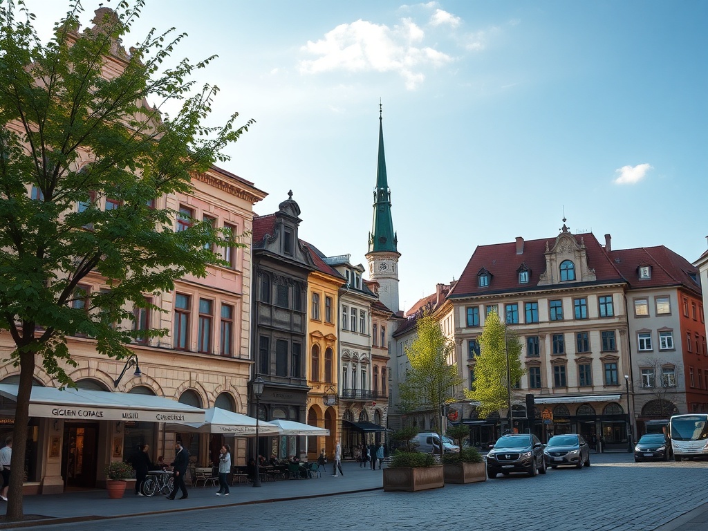 Ilustracja przedstawiająca połączenie nowoczesnej restauracji Popeyes i akademika KUL w Lublinie, symbolizujące inwestycje w mieście.
